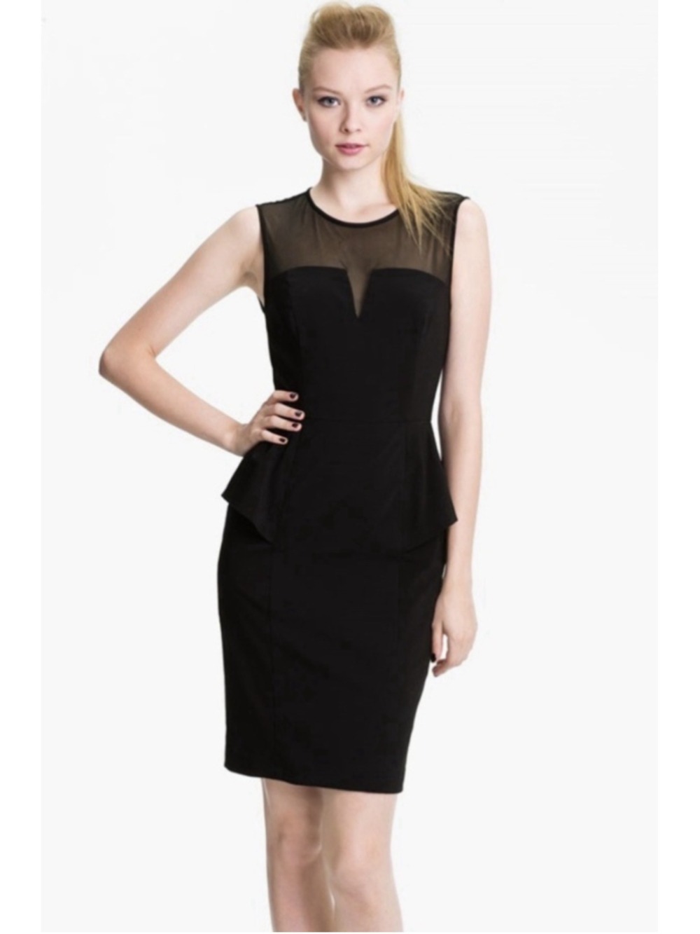 Aidan Aidan Maddox Peplum Pencil Cocktail Dress Size 6 Black Mesh Party Stretch